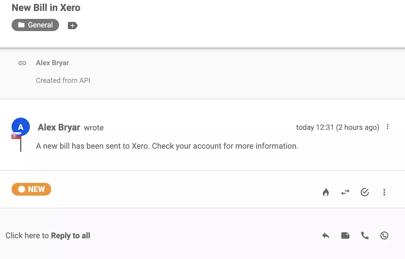 En ny samtale sendt til LiveAgent-billetsystemet efter vellykket integration med Xero