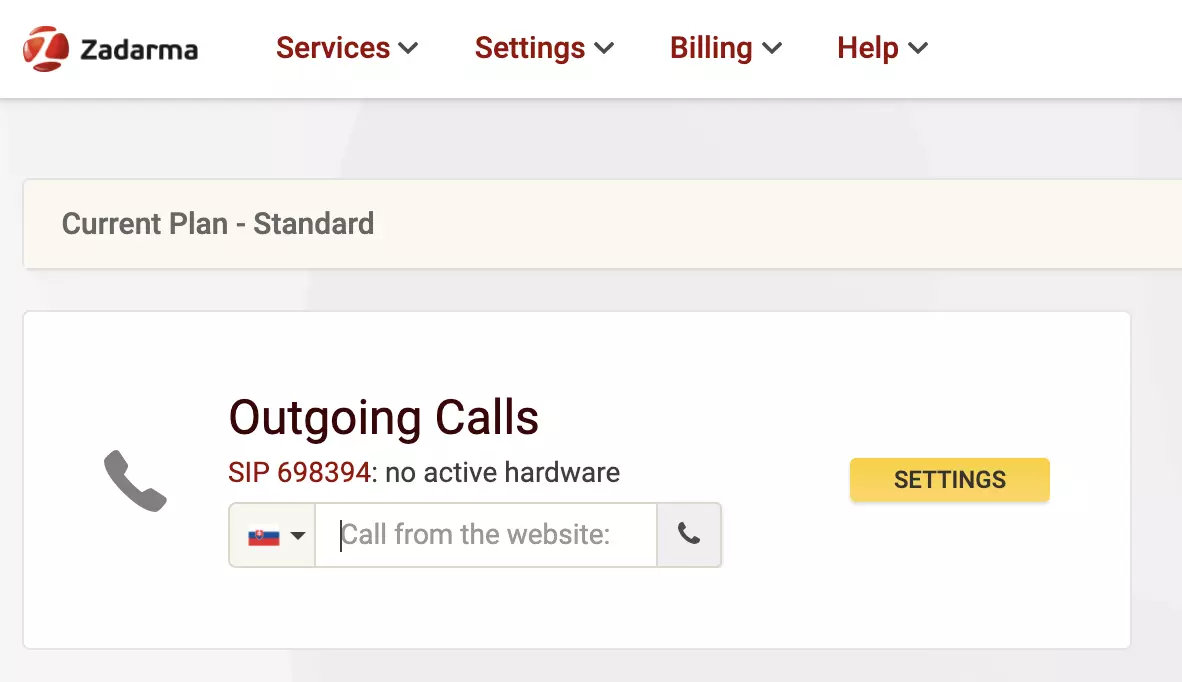 Zadarma VoIP-udbyderwebsted med opkaldsmulighed