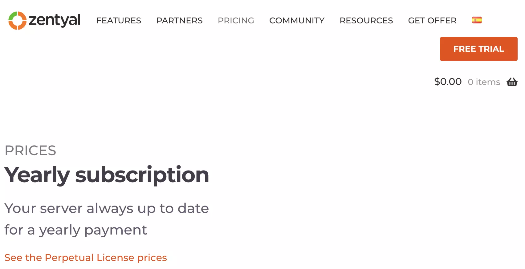 Zentyal betalte planer-sektion på Zentyal-webstedet