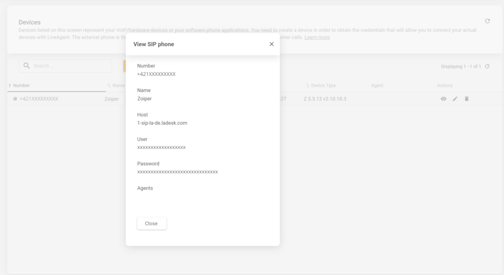 Et billede, der viser, hvor du finder SIP-enhedsdetaljer i LiveAgent