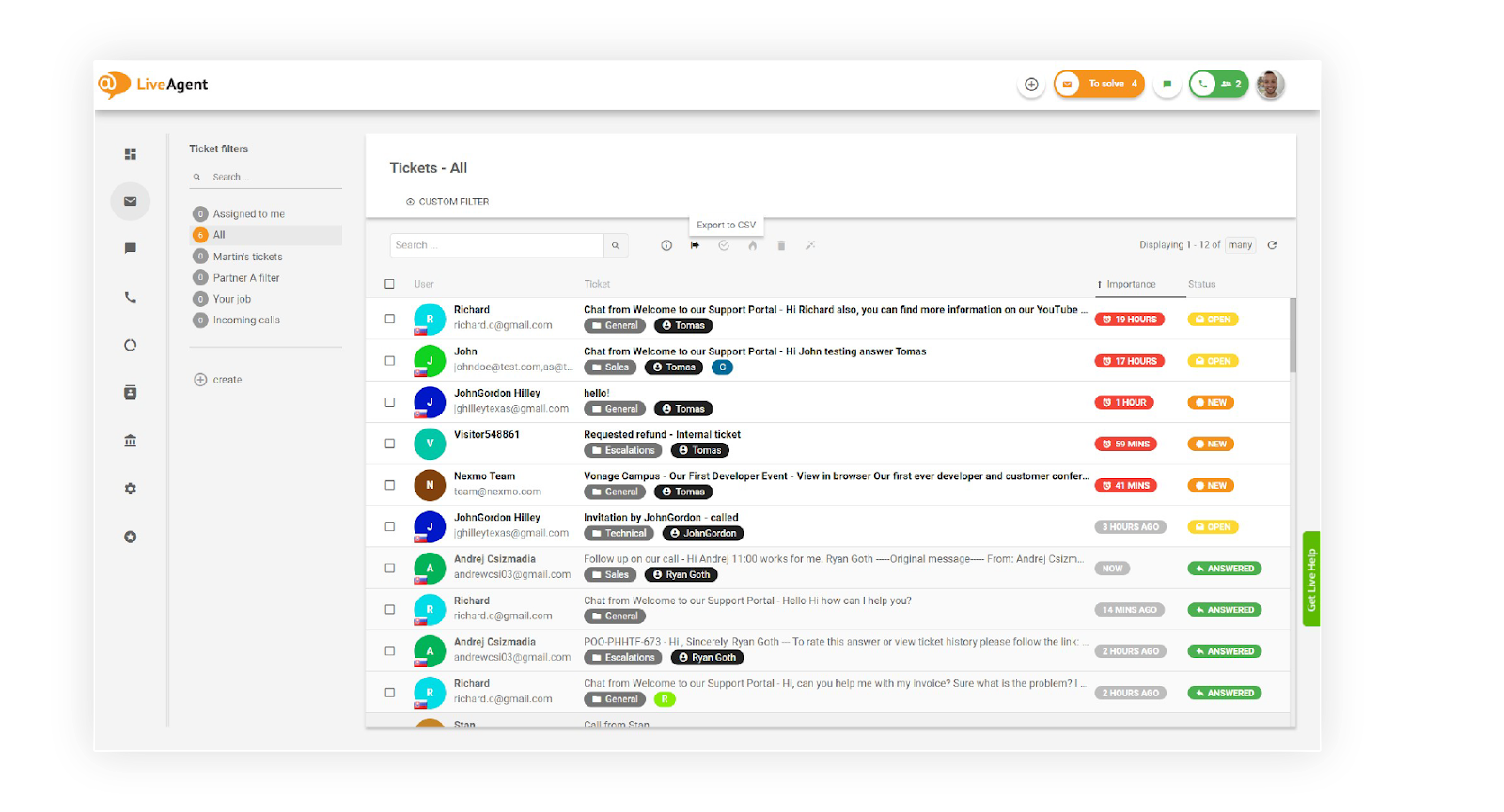 LiveAgents Universal Inbox-funktion, der kombinerer alle kundeforespørgsler i ét praktisk indbakke