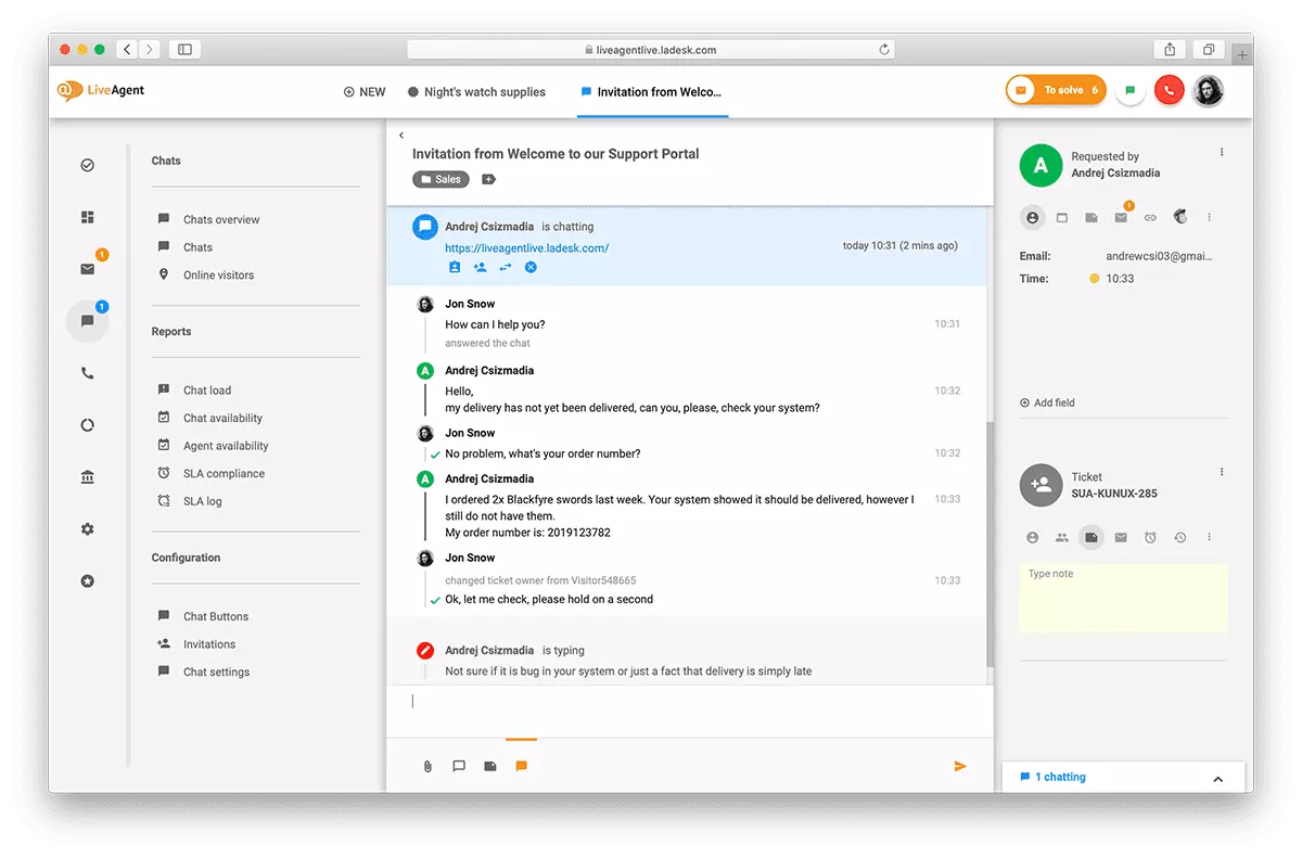 Oversigt over live chat-interfacet i LiveAgent.