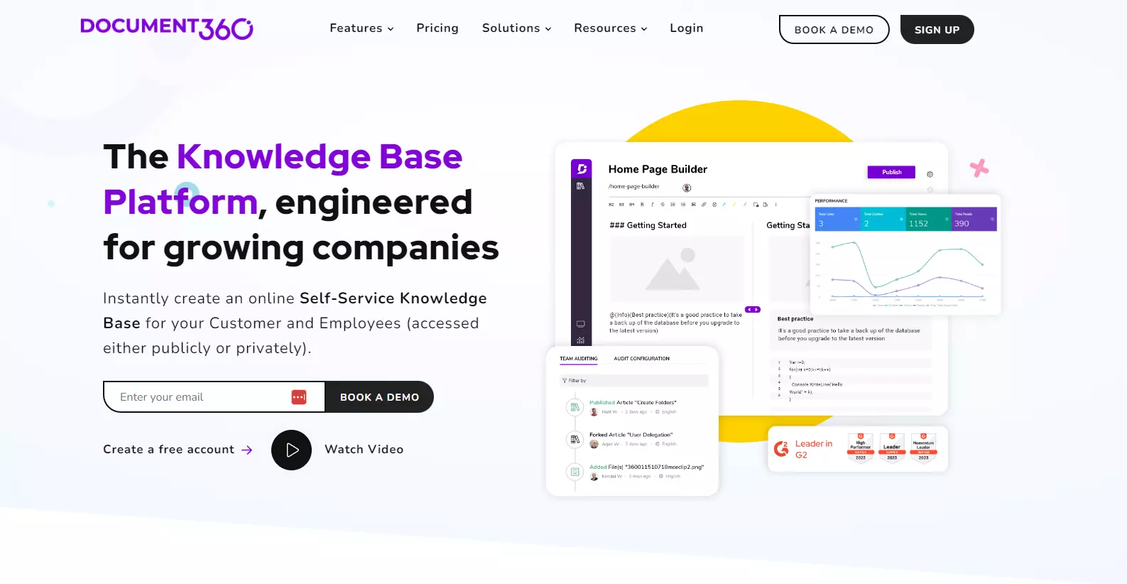 Snapshot af Document360 startside med fokus på nøglefunktioner