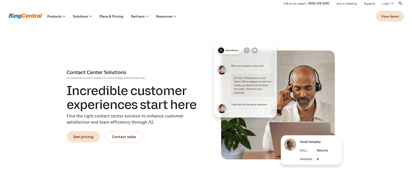 RingCentral Contact Center-software hjemmeside