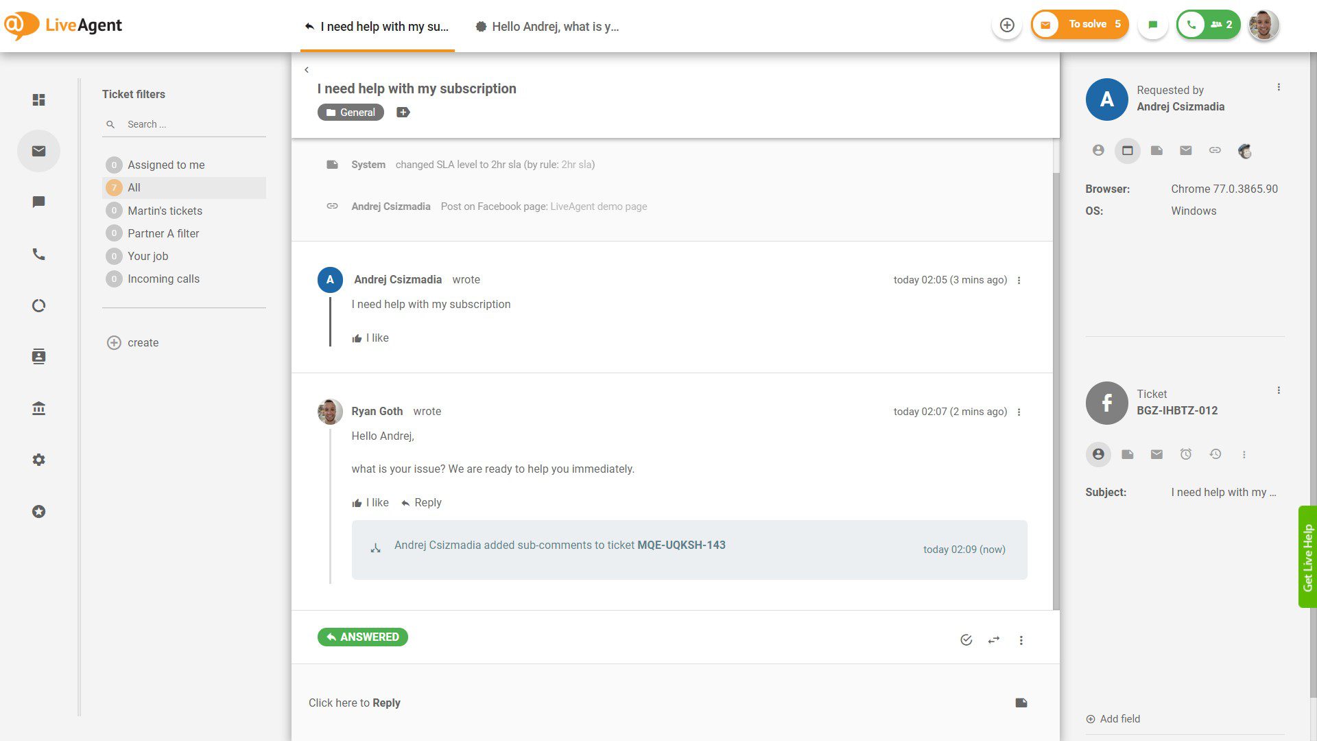 Facebook-kommentar - visning i LiveAgent