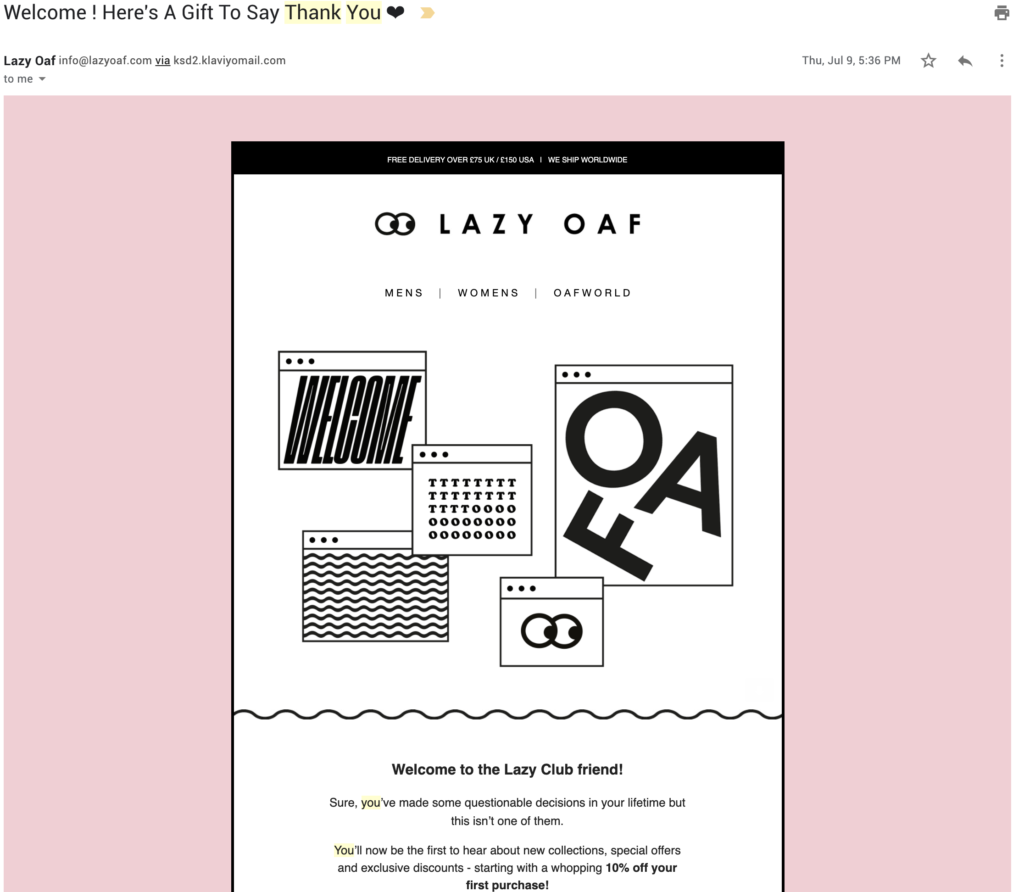 Lazy Oaf kundetaks-e-mail skabelon