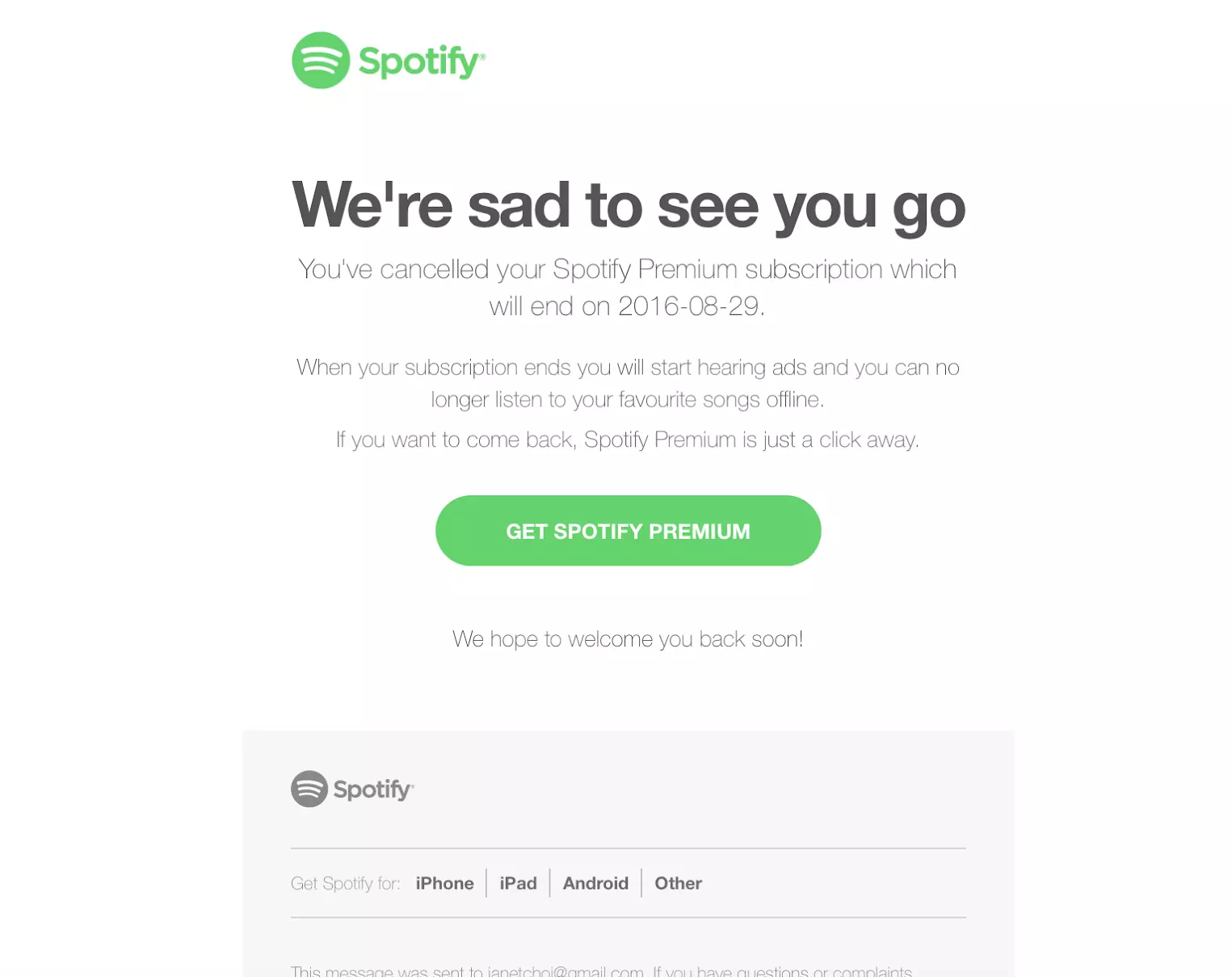 Spotify-opsigelsesmail-eksempel