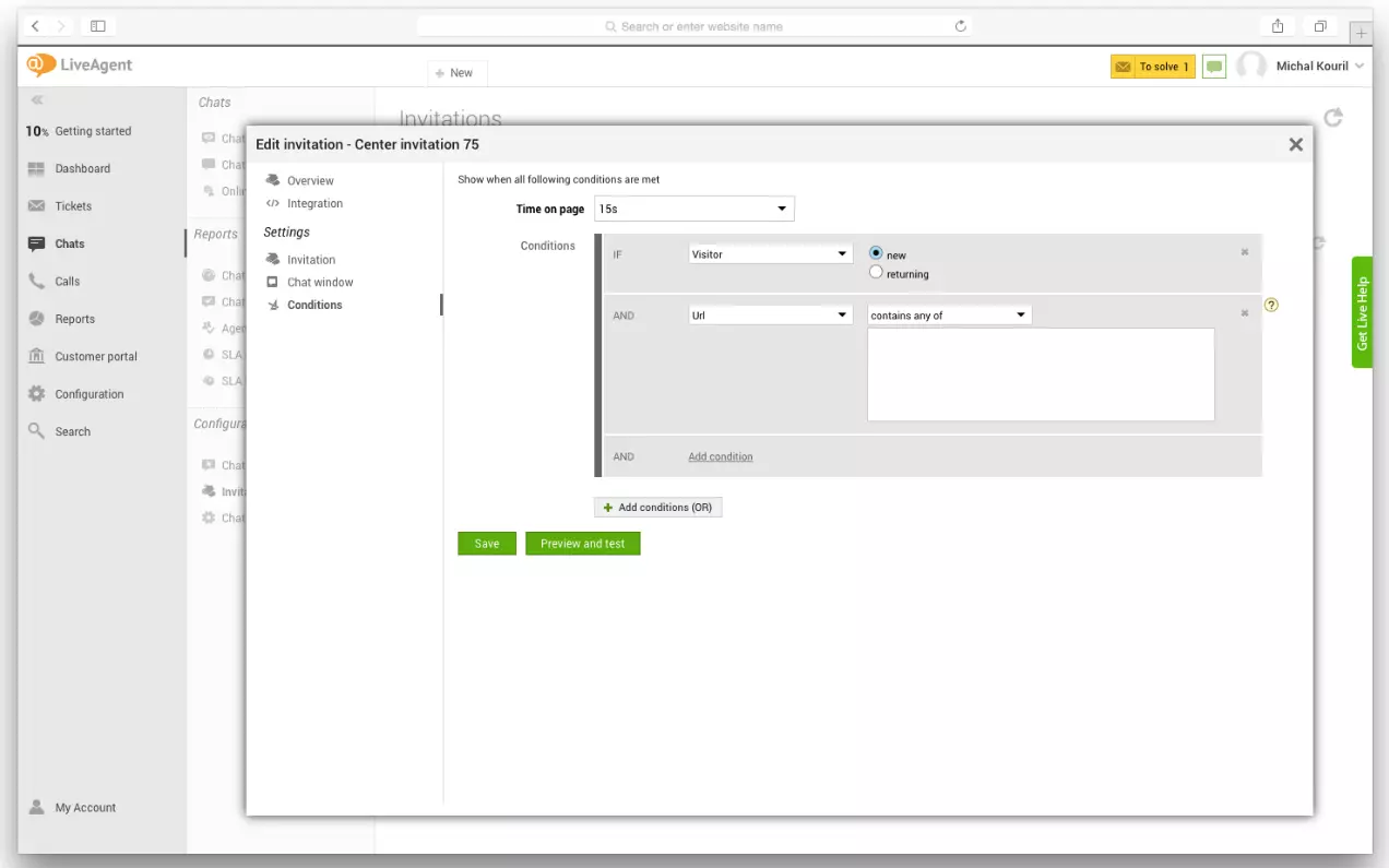 LiveAgent-indstillinger, der viser, hvordan man konfigurerer proaktive chat-triggere