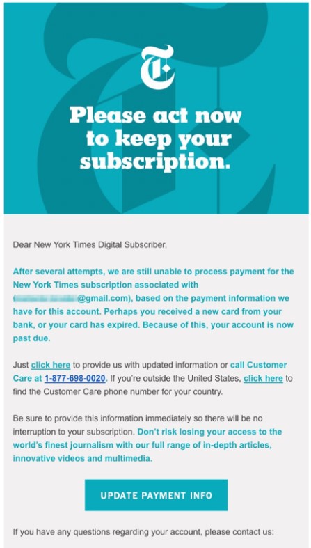 New York Times dunning email eksempel