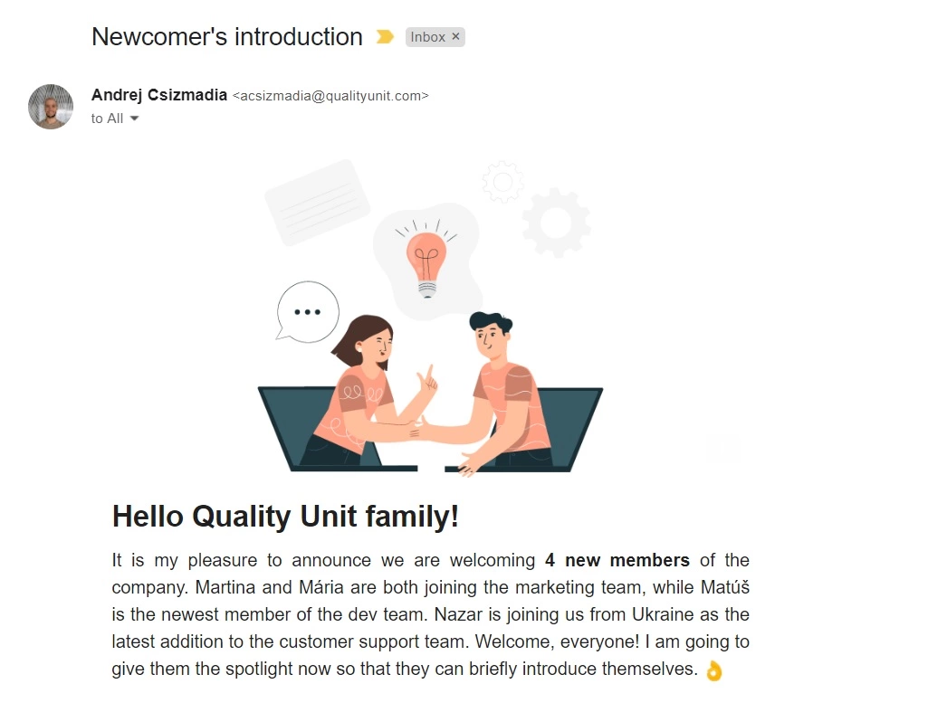 Quality Unit nyansattes introduktionsmail