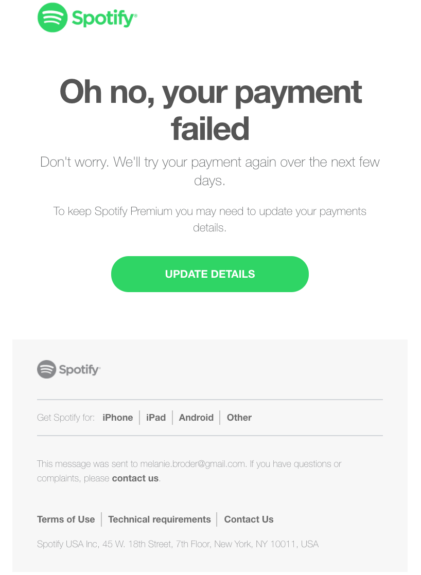 Spotify dunning email eksempel
