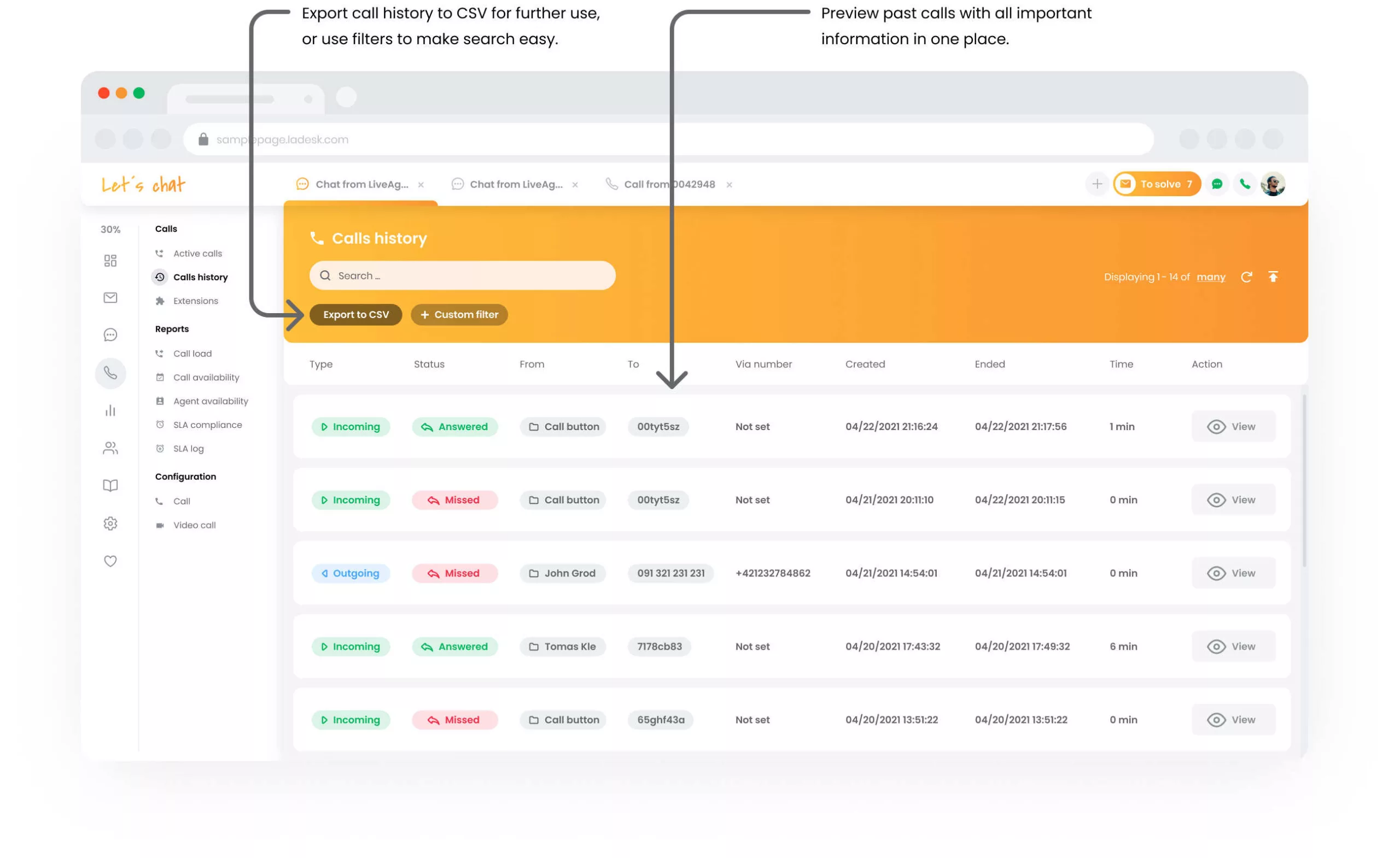 LiveAgent calls history