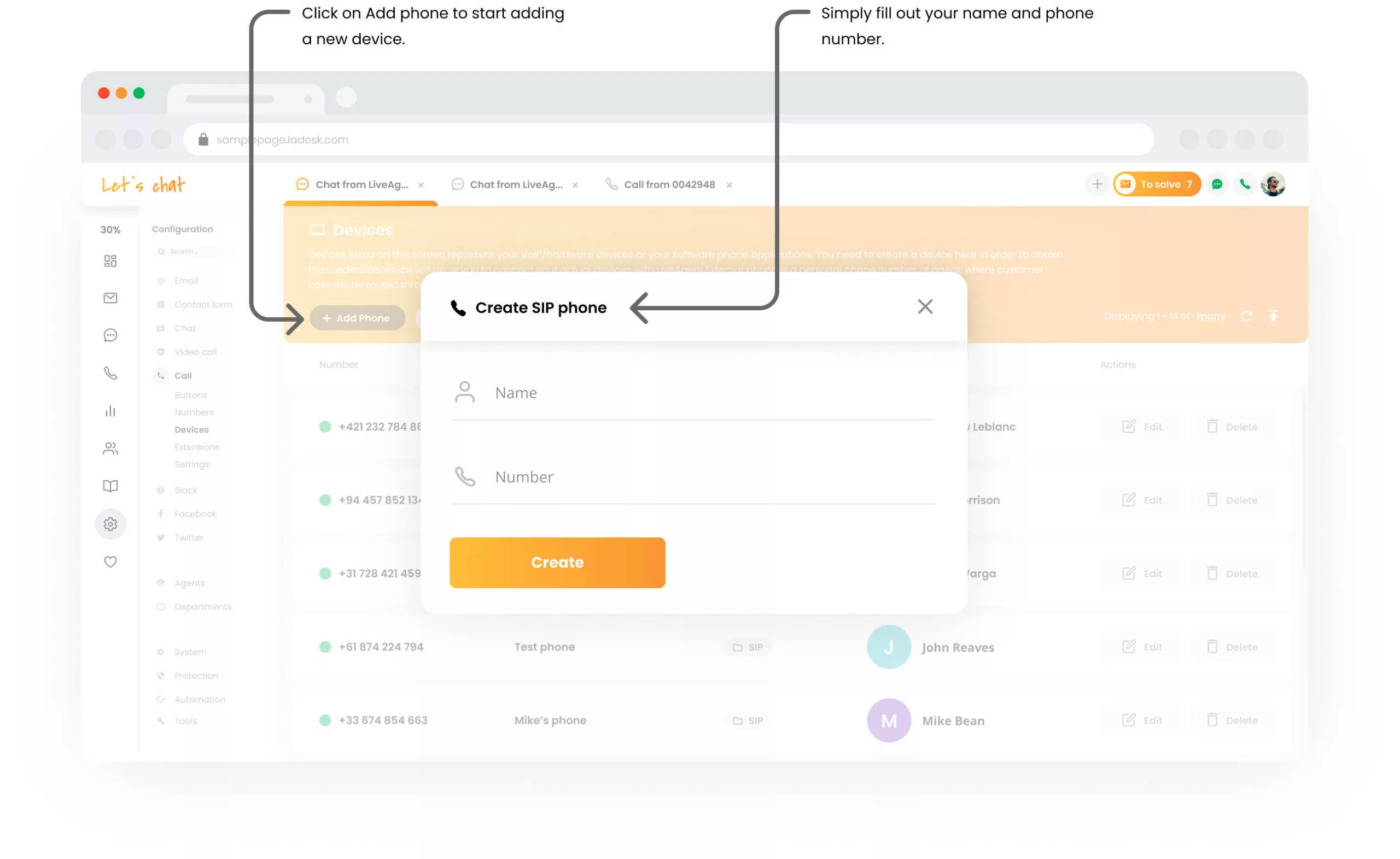 LiveAgent calling devices