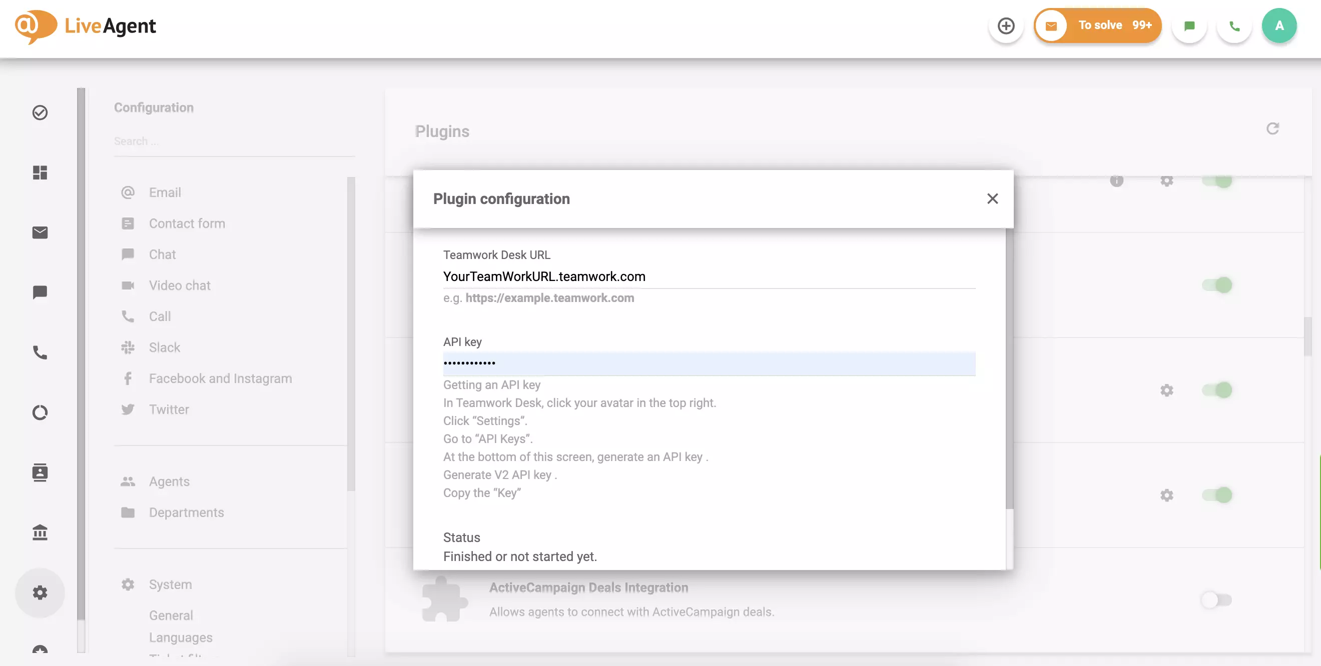 Udfyld din Teamwork Desk URL og API, og klik derefter på Gem.